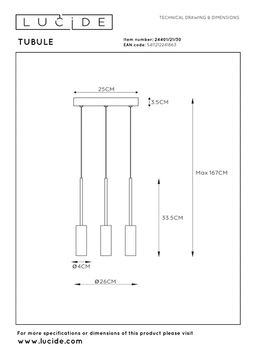 Lucide TUBULE - Lámpara colgante - Ø 26 cm - LED - 3x7W 2700K - Negro - técnico